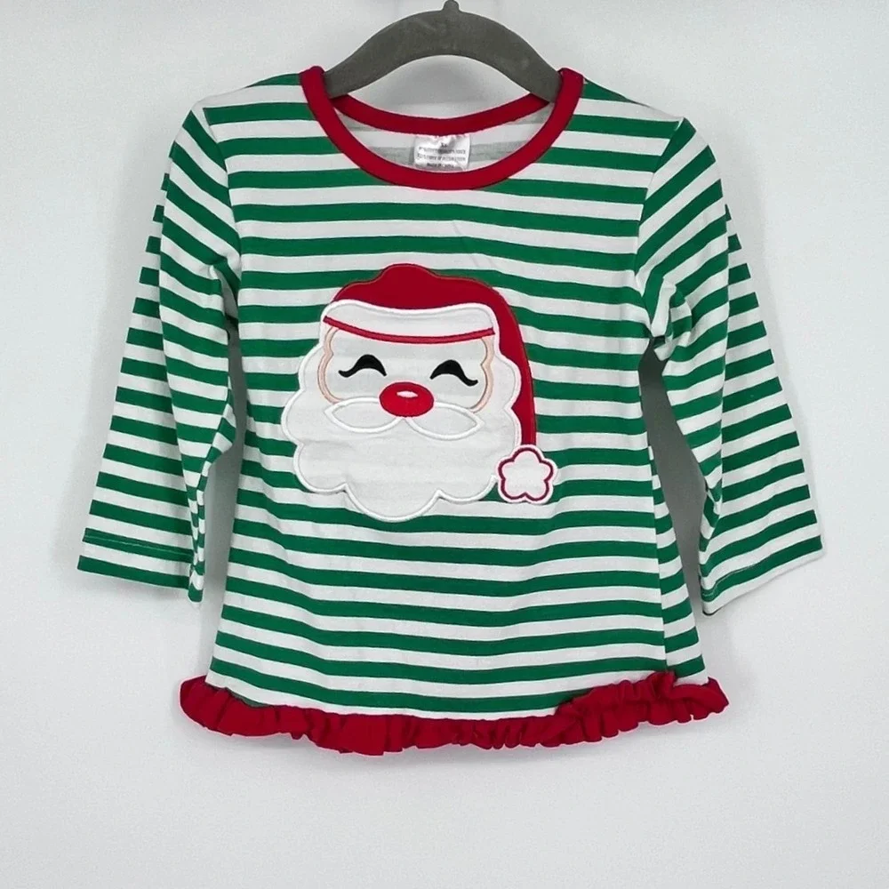 Christmas Santa Set Girls 2T Red Green Stripe Polka Dot Ruffle Festive Holidays